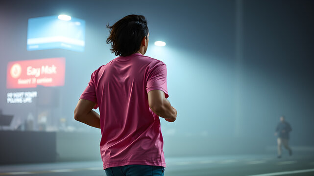 Back shot of a runner wearing a pink t-shirt. Generative AI