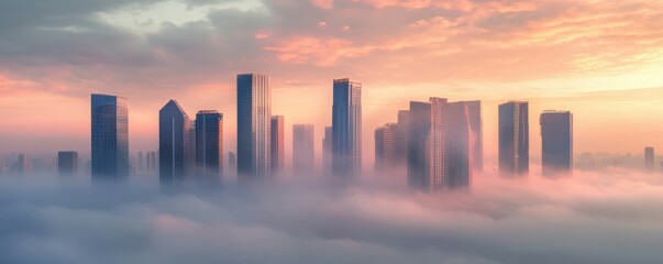 Low angle view of modern skyscrapers shrouded in morning fog with dynamic light and shadow effects, symbolizing urban development and economic growth in a futuristic