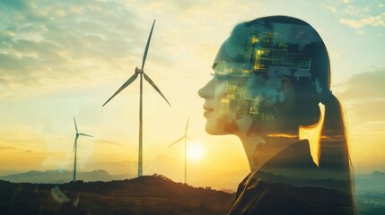 Double exposure graphic of business people working over wind turbine farm and green renewable energy worker interface. Concept of sustainability development by alternative energy. uds
