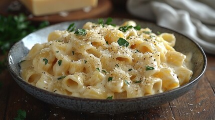 Creamy pasta dish with parmesan cheese, garnished with parsley, served in a rustic bowl.  A delicious Italian-inspired meal.