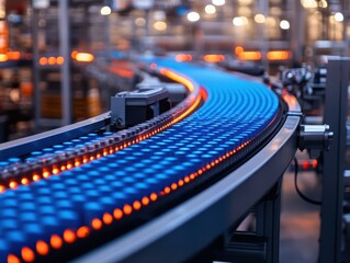 Automated tracking of stock movement in warehouse, selective focus, industrial theme, vibrant, manipulation, conveyor belt backdrop