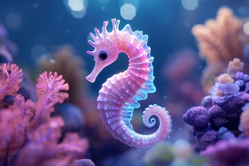 Obraz premium 3D Render of a Cute Pink Seahorse in a Vibrant Coral Reef with Bokeh Effect. AI generated illustration