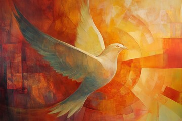 Abstract painting of a dove in flight with warm colors and dynamic brushstrokes, symbolizing peace and freedom.