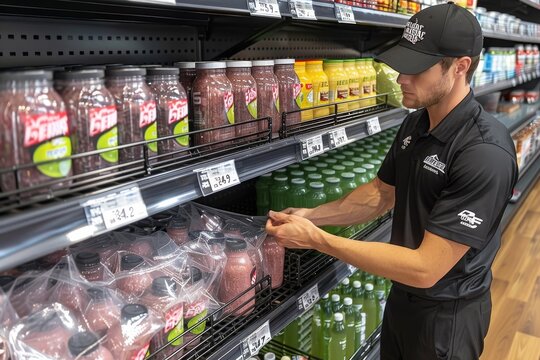 Employee restocking health drinks in a grocery store aisle during a busy afternoon