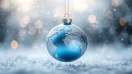 a world map in shimmering blue and silver hues, hanging against a snowy white backdrop with soft bokeh lights. christmas world map globe ornament ball in blue colors banner with copy space
