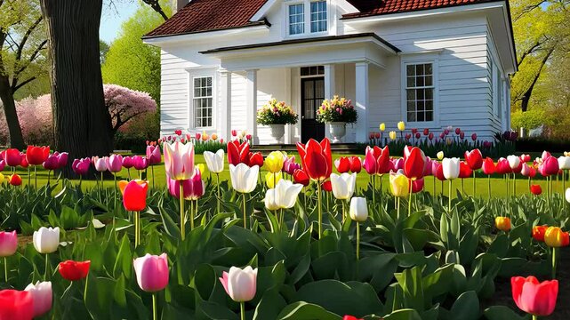 Front Yard with Colorful Tulip Flower Bed and a Charming White House in a Serene Springtime Garden Setting

