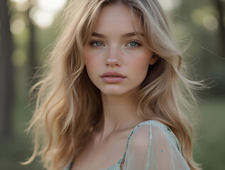 Naklejka premium Beautiful young girl with flowing blonde hair, looking straight at camera, barely noticeable smile