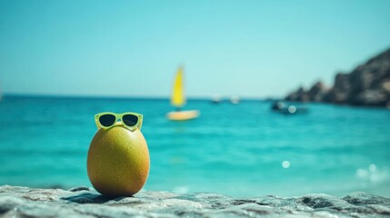 Obraz premium Mango wearing sunglasses on beach.