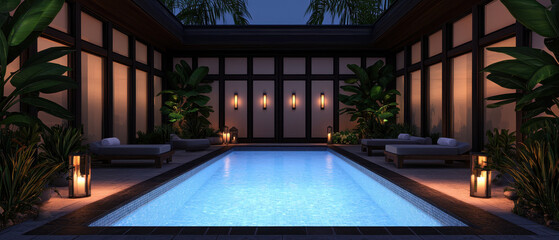 Fototapeta premium Modern villa with lights at night, Villa with swimming pool