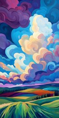Fototapeta premium A painting of a sky with clouds and a green field. The sky is blue and the clouds are white