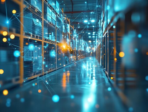 Digital interface showing order processing and inventory availability, close up, supply chain theme, ethereal, composite, smart warehouse backdrop - Powered by Adobe