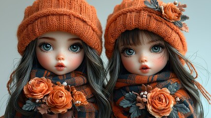 Two dolls with orange hats and scarves, holding flowers, showcasing a cozy aesthetic.