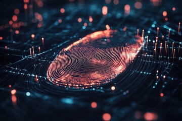 Digital fingerprint design with glowing elements and futuristic technology in an abstract setting. Generative AI