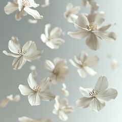Fototapeta premium Delicate White Flowers Falling Gracefully Against a Soft Grey Backdrop