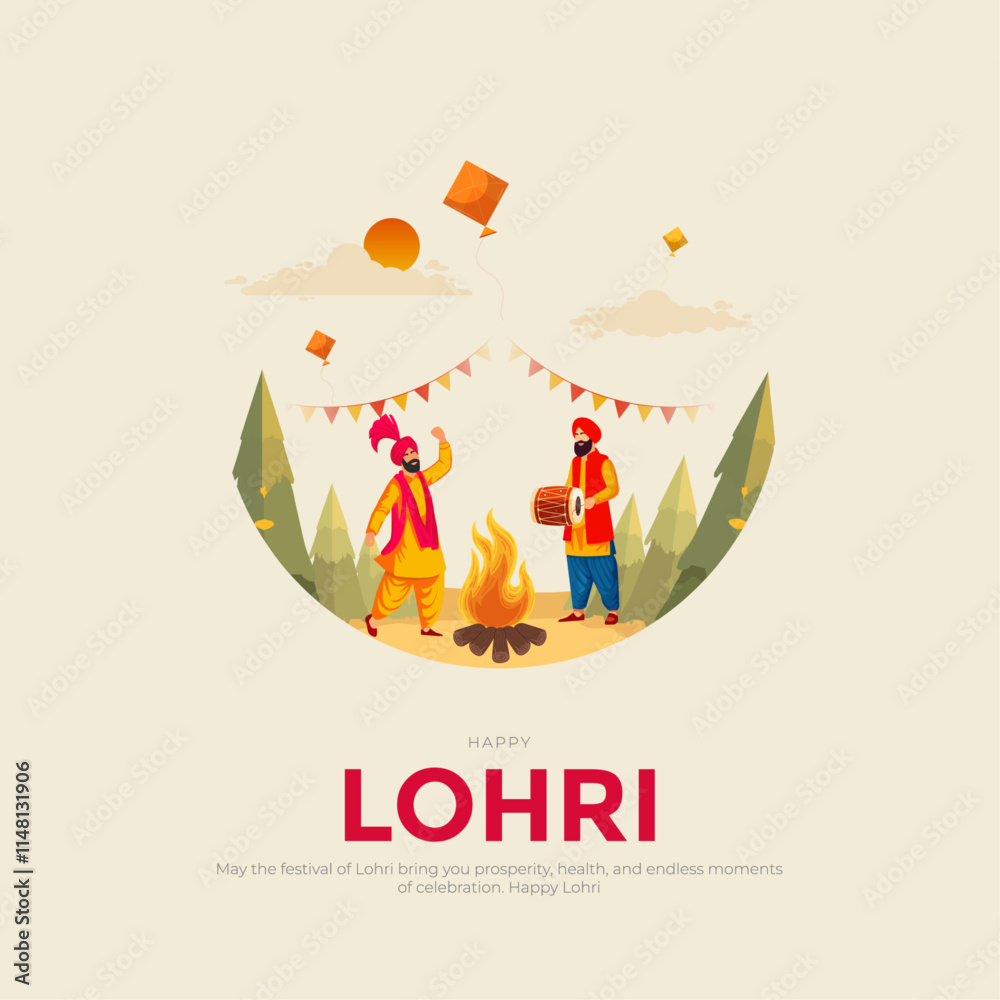 Wall mural Happy Lohri post greeting card festival of Punjab India background. lohri elements background. abstract vector illustration banner design