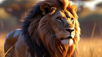 Fototapeta premium Majestic Lion in the Golden Afternoon A Hyper-Realistic Portrait