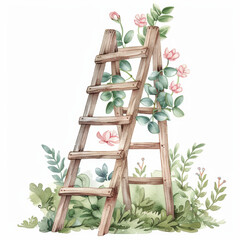 Rustic Wooden Ladder with Floral Vines Nature and Home Decor Illustration