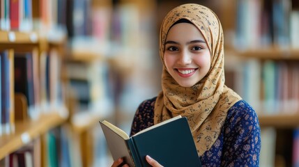 Smiling Muslim Woman Reading Book in Library, Education, Knowledge