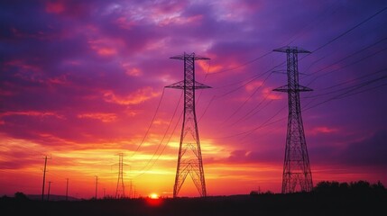 Sunset Behind Power Lines and Transmission Towers
