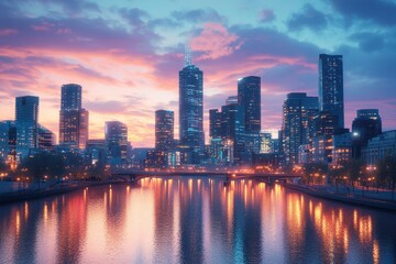 Fototapeta premium Vibrant skyline of a bustling city at sunset reflecting on the calm waters of the river