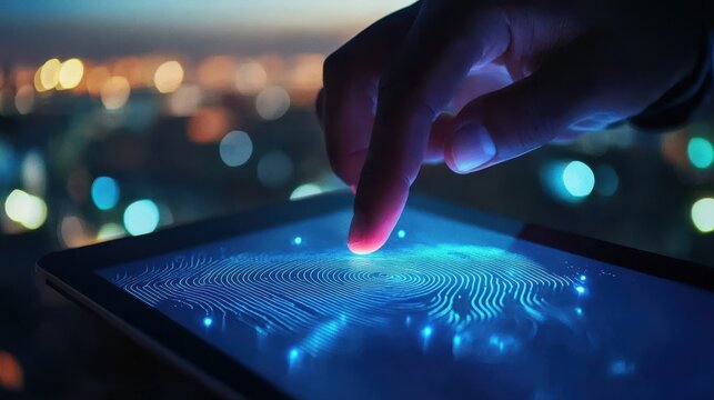 businessman hand pointing at tablet with abstract glowing id fingerprint web protection and security interface on blurry blue bokeh city background. Identification, cybersecurity and priva