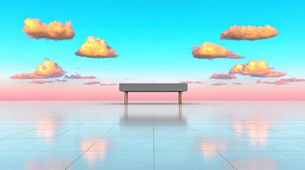 Fototapeta premium Serene Minimalist Bench Pastel Sky Cloudscape Horizon