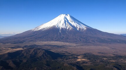 Fototapeta premium Majestic Triangular Mountain with Smooth Terrain, Darker Base, and Snow-Capped Summit in the Foreground