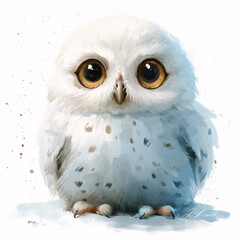 Obraz premium Snowy Owl Cute Bird Baby Watercolour Handmade illustration Painting