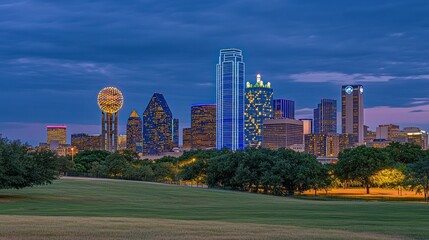 Fototapeta premium Dallas skyline at twilight, featuring Reunion Tower and skyscrapers, seen from a grassy park.