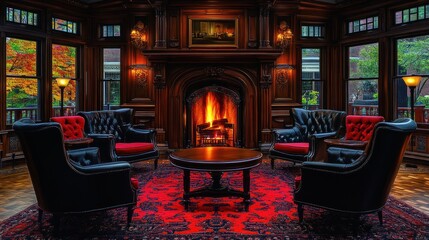 Obraz premium Cozy autumn fireplace room with leather chairs and red rug.