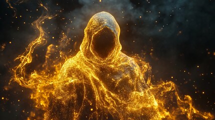 Glowing Golden Ghost with Flowing Robes and Particles Against a Dark Background. AI generated illustration