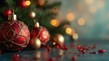 Fototapeta premium Celebrate the Joyful Season With Decorative Ornaments and Festive Ambiance