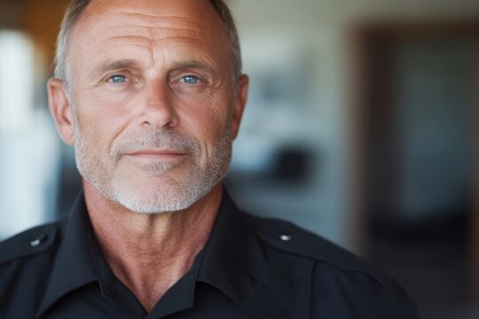 A mature security officer showcases a thoughtful expression, reflecting experience and vigilance in a professional setting, conveying authority and reliability in his role.