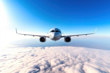 Fototapeta premium A commercial airplane flying above the clouds with a clear blue sky in the background.