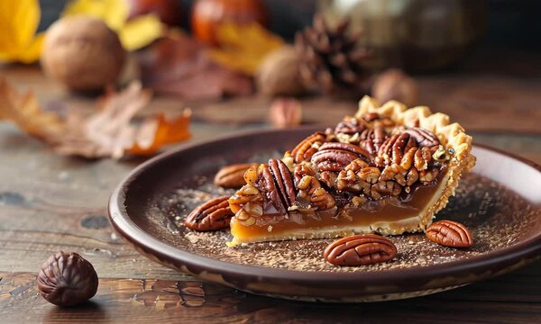 Slice of pecan pie on plate, surrounded by pecans and autumn decor