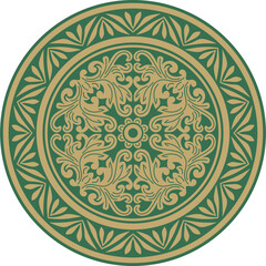 Vector gold with green round classic byzantine ornament. Circle, ring, border, Ancient Greece, Eastern Roman Empire frame. Decoration of the Russian Orthodox Church