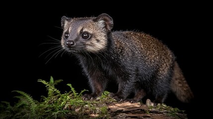 Fototapeta premium Nocturnal Binturong Posing on Mossy Log in Darkness
