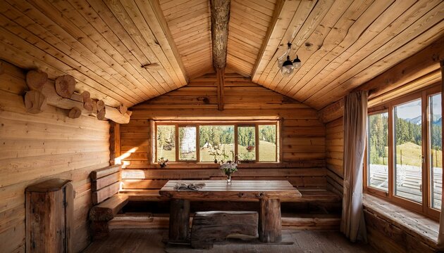 South Tyrol, traditional stube room with light pine wood walls,