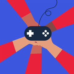 Santa gamers community playing video games, holding controller. Flat vector illustration.