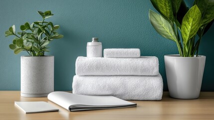 Spa-like setting with fluffy towels, plants, and blank stationery on a wooden surface.