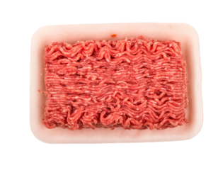Fresh minced meat in styrofoam packaging on transparent background