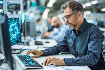 Professional developer working on advanced technology in a modern office environment during daytime