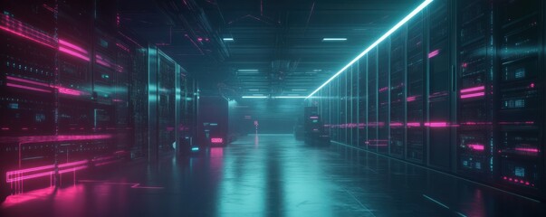 An industrial data server warehouse with neon light trails, futuristic digital tech concepts, data networks and connections, as well as internet communications, powered by generative stock.