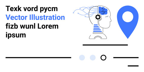 Brain with gears, circuit lines, large location pin, and placeholder text. Ideal for technology, AI, data processing, navigation, innovation, cognitive sciences, and digital brainstorm themes