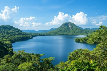 Lush tropical lake surrounded by green hills and mountains under blue sky