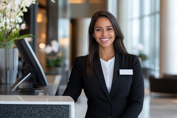 A welcoming receptionist stands behind the front desk in a sleek hotel lobby, embodying hospitality and warmth while ready to assist guests with a friendly demeanor and smile.