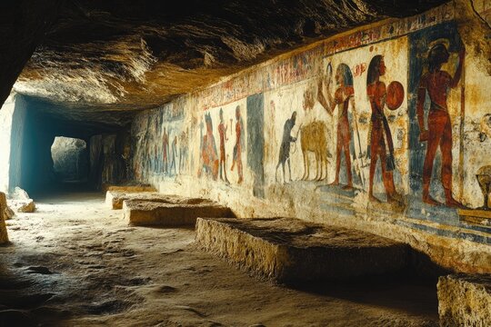 Exploring ancient egyptian paintings inside a cave tomb