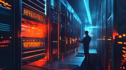 Technician inspecting server room's glowing racks.
