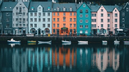 Fototapeta premium Colorful waterfront houses reflected in calm water.