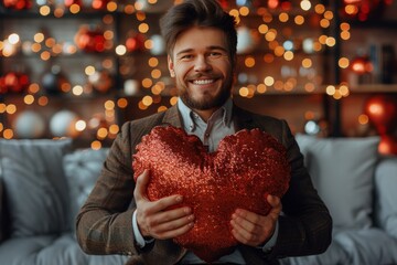 Naklejka premium Man holding a red heart-shaped pillow in a cozy, decorated room illuminated by warm lights during a festive celebration